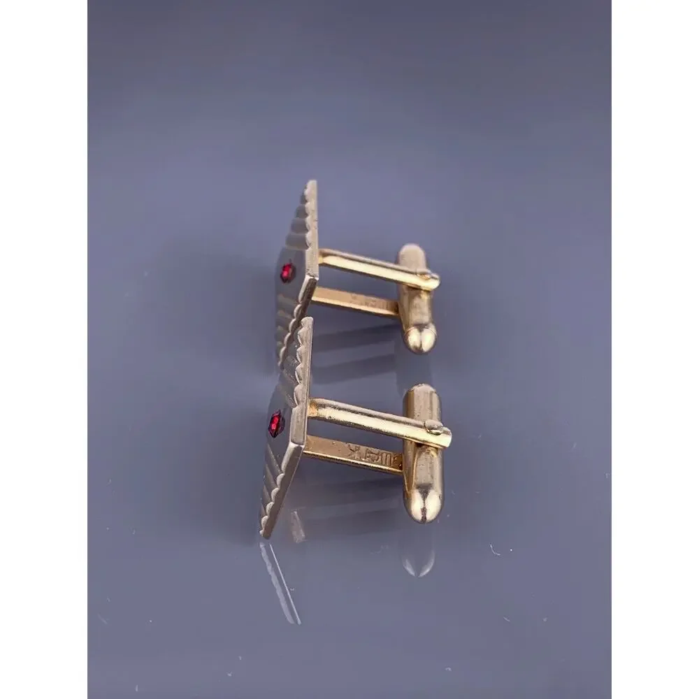 Simple Red Rhinestone Gold Tone Cufflinks Diagonal Lines Mid Century Swank VTG